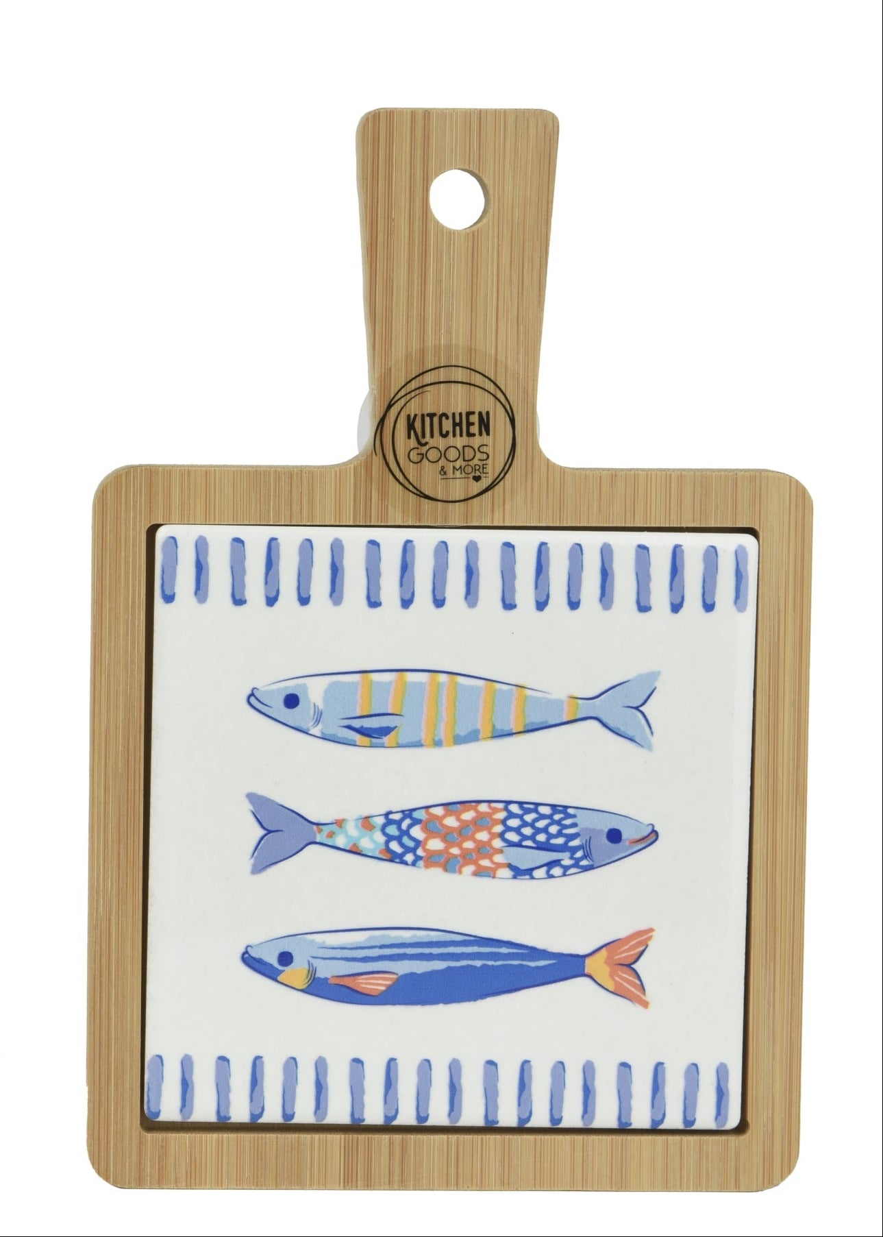 Two wooden cutting boards with fish patterns on a white background