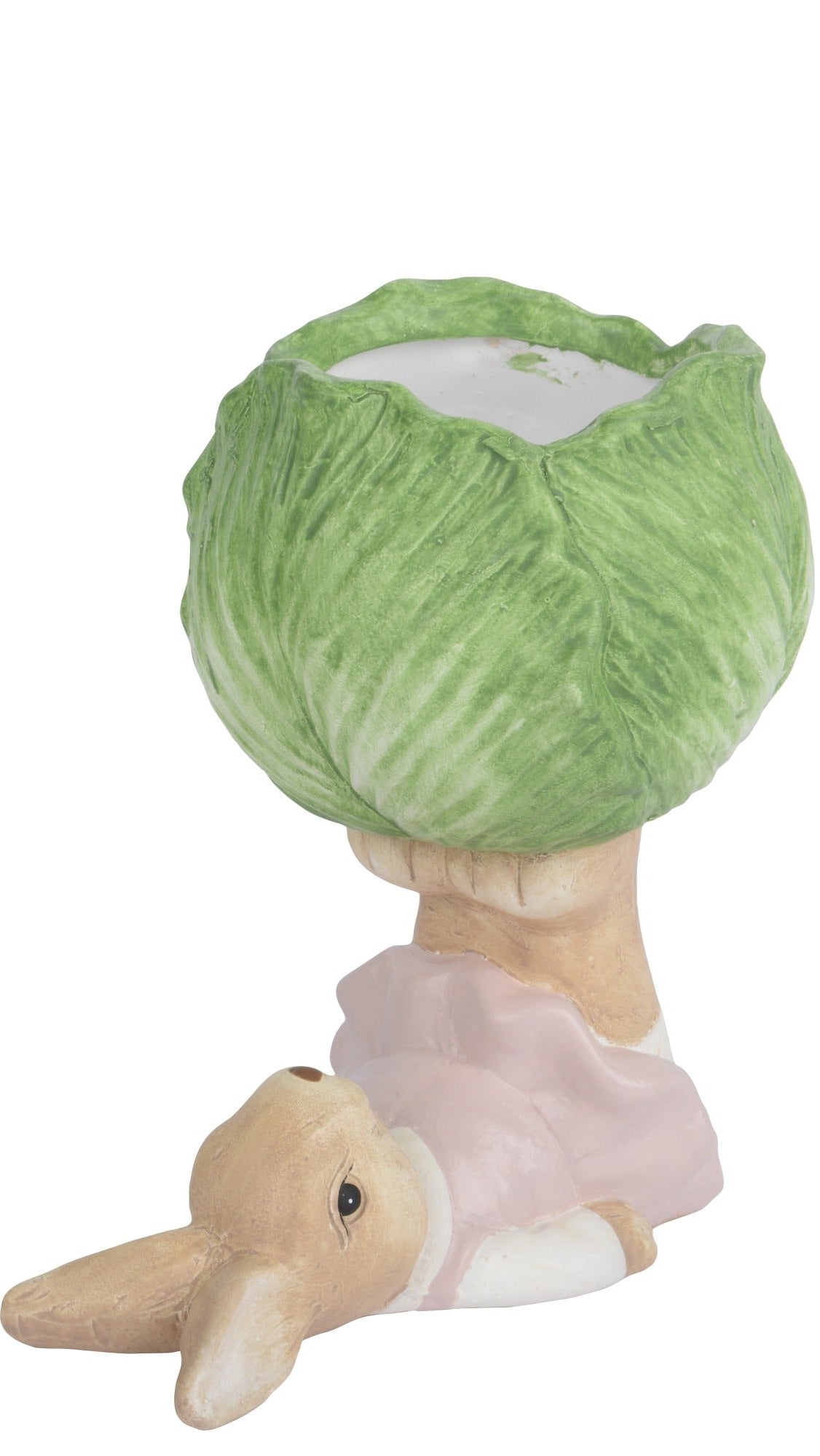 Two figurines with cabbage hats on a white background