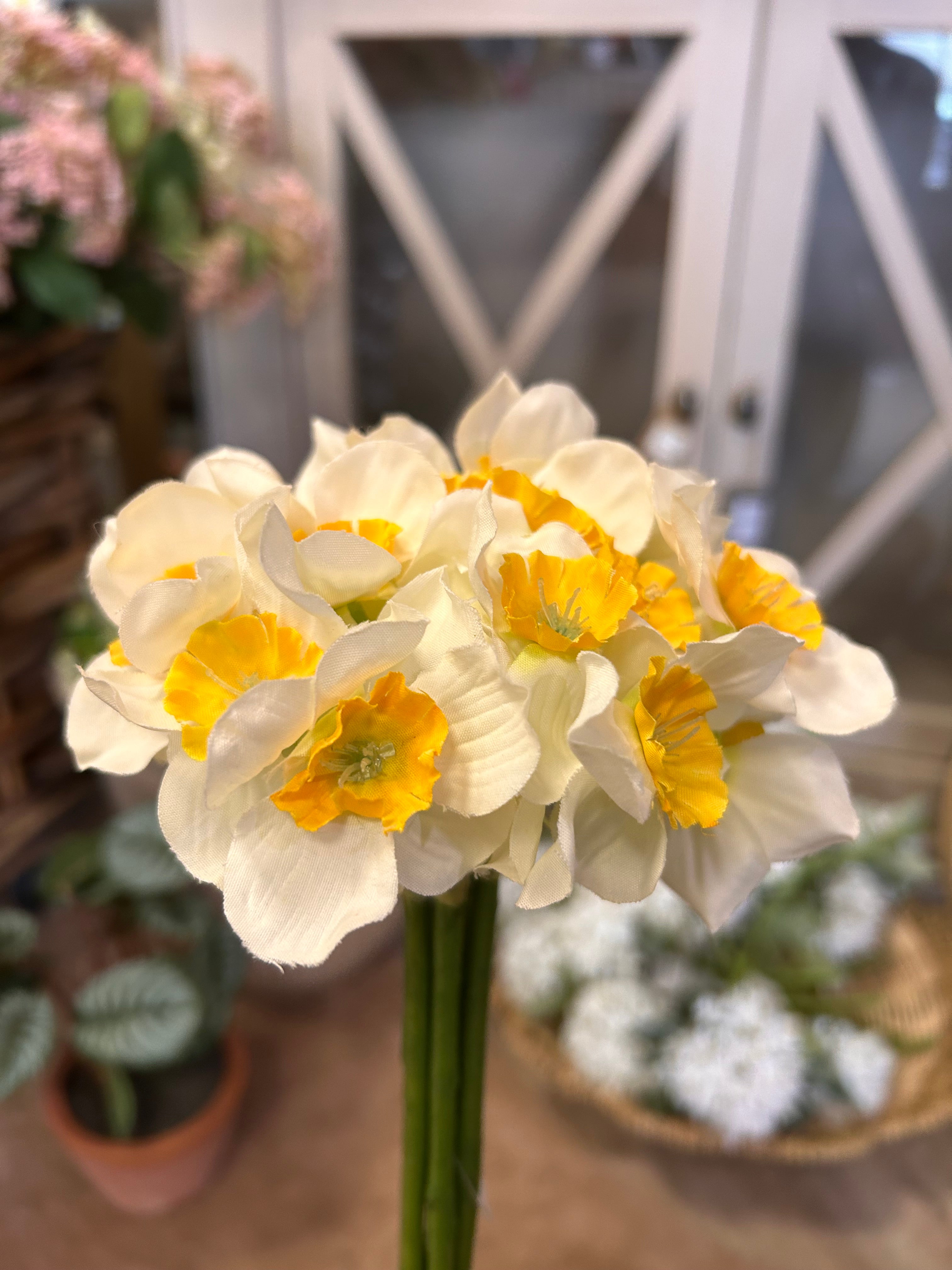Hand tie bunch of mini daffodils in yellow or white