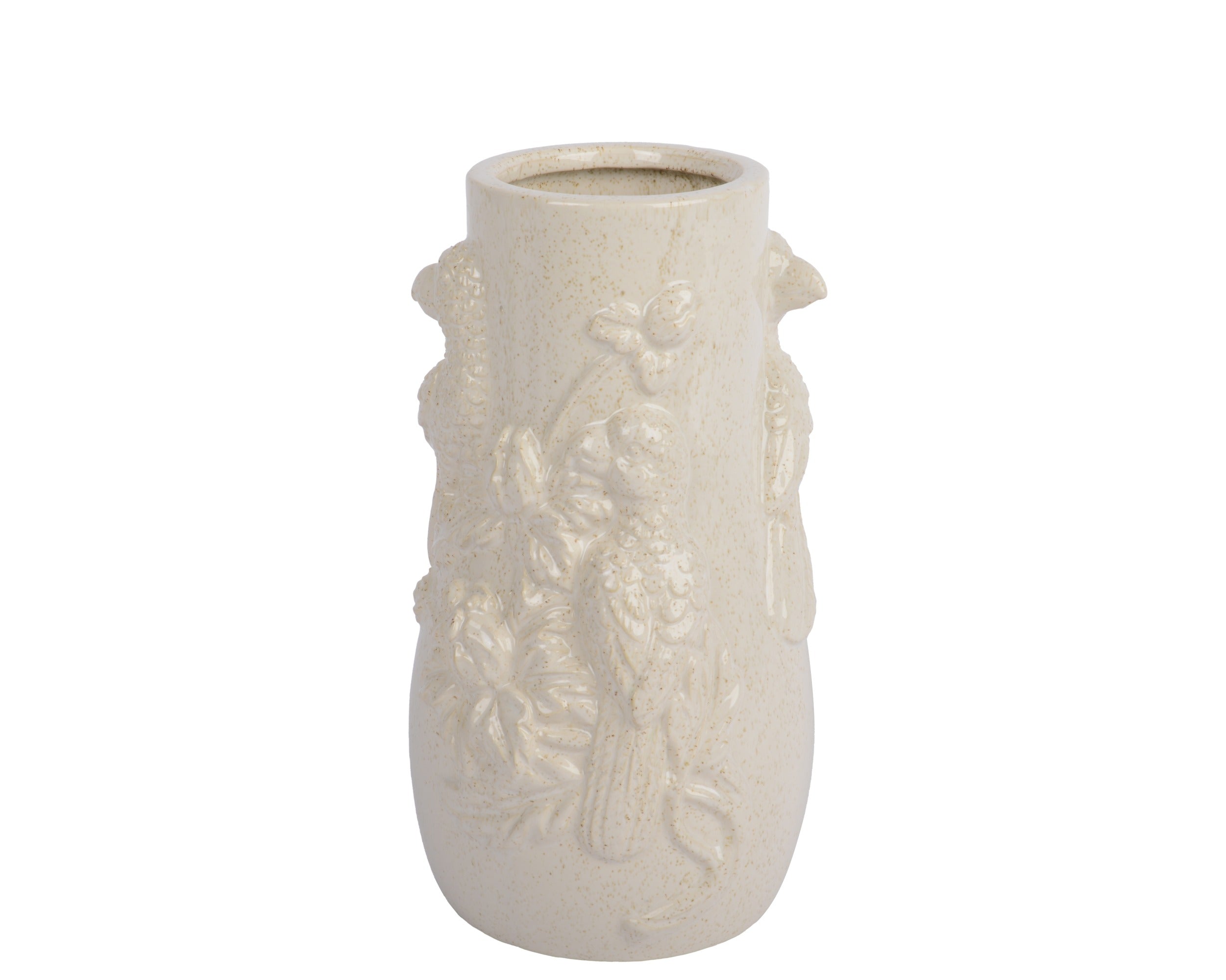 Cream porcelain parrot embossed vase (24.5cmH)