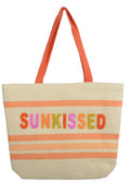 Two tote bags with colorful text and patterns on a white background