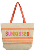 Two tote bags with colorful text and patterns on a white background