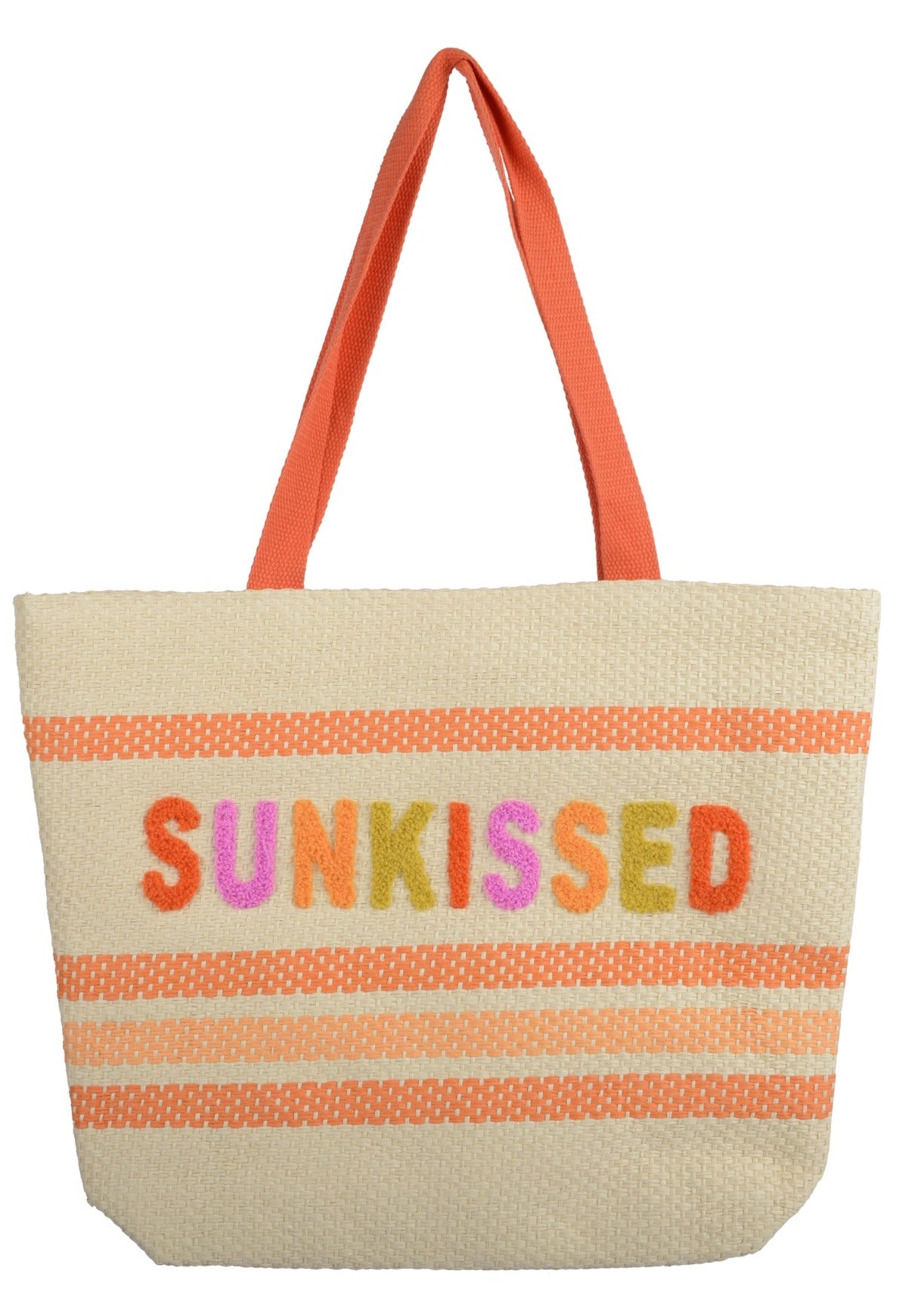 Two tote bags with colorful text and patterns on a white background