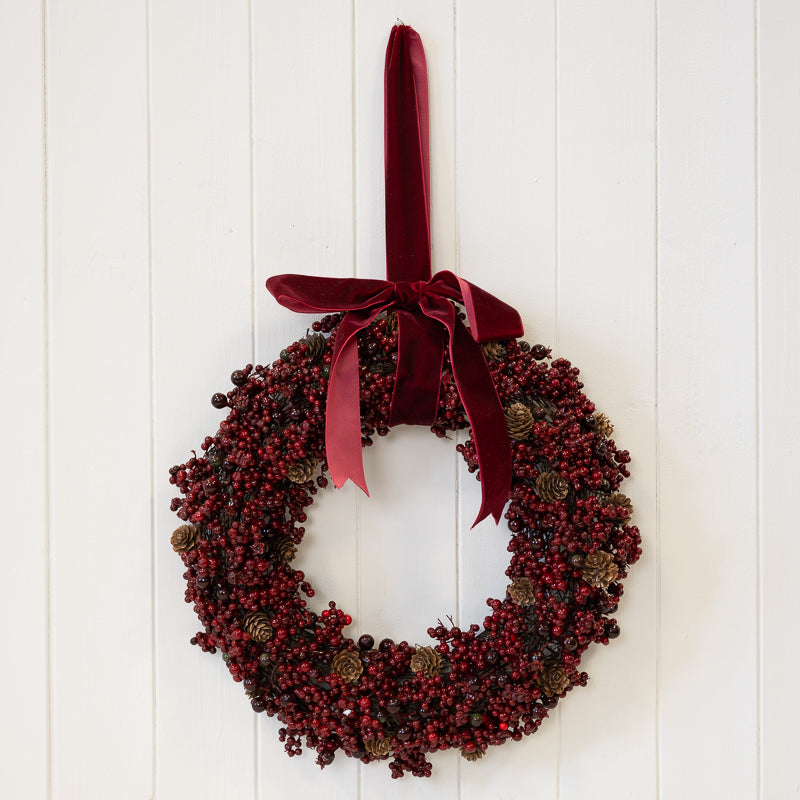 Luxury burgundy berries & mini pinecone wreath with velvet ribbon bow