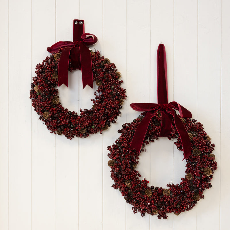 Luxury burgundy berries & mini pinecone wreath with velvet ribbon bow