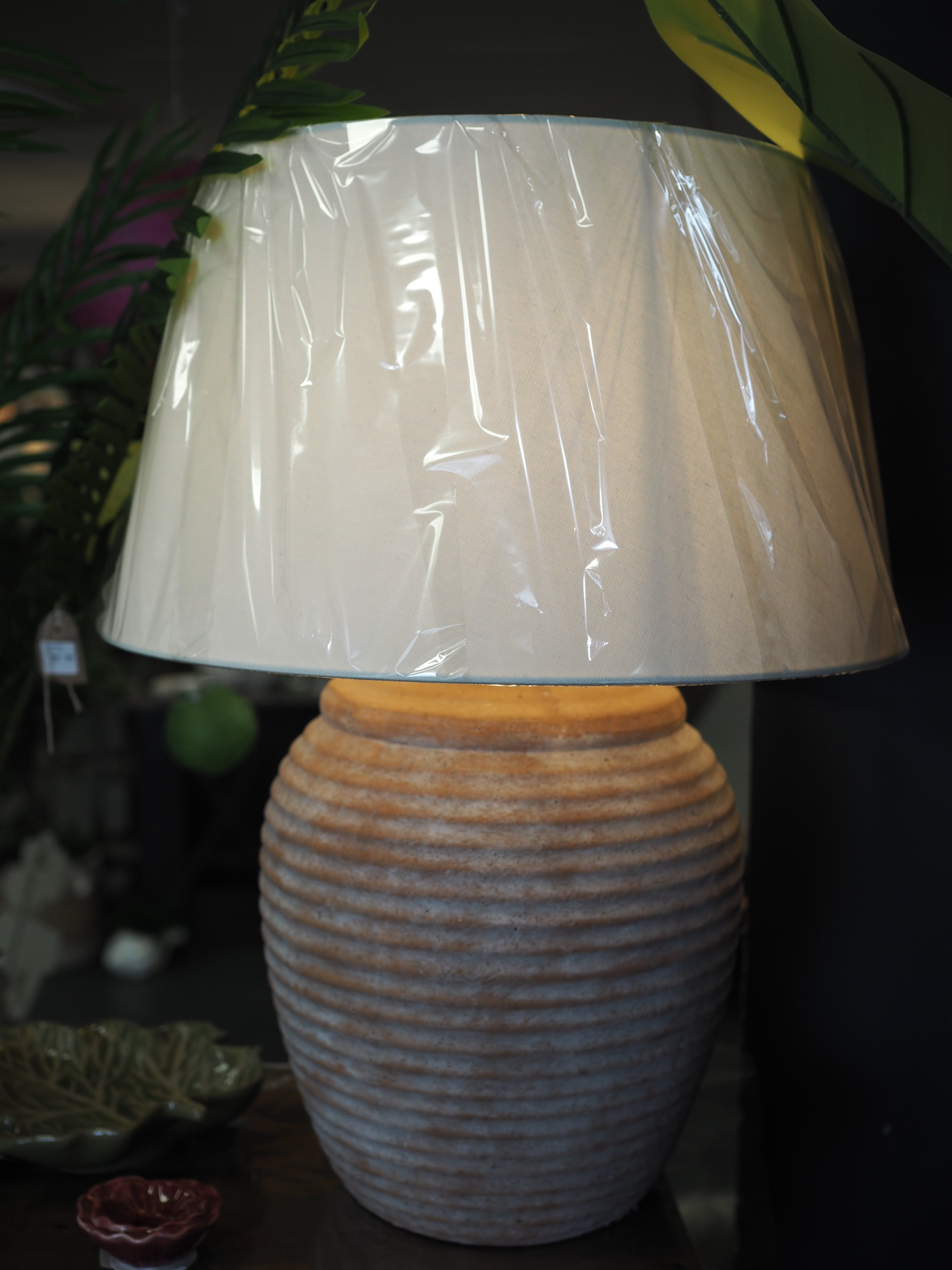 Terracotta ribbed table lamp with ivory shade