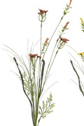 Three artificial flower branches with green stems and small flowers on a white background