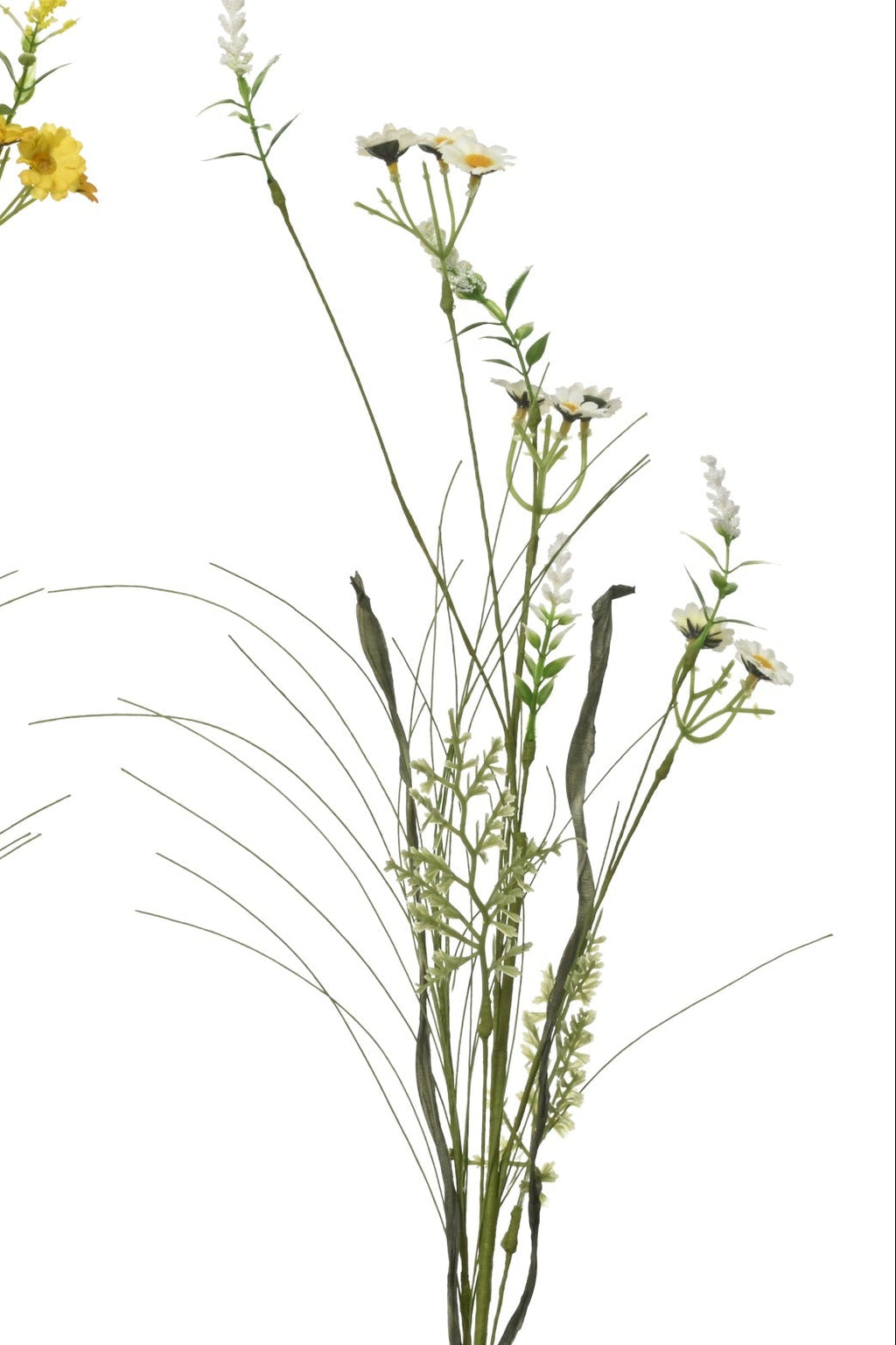 Three artificial flower stems with green leaves and small flowers on a white background
