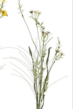 Three artificial flower stems with green leaves and small flowers on a white background