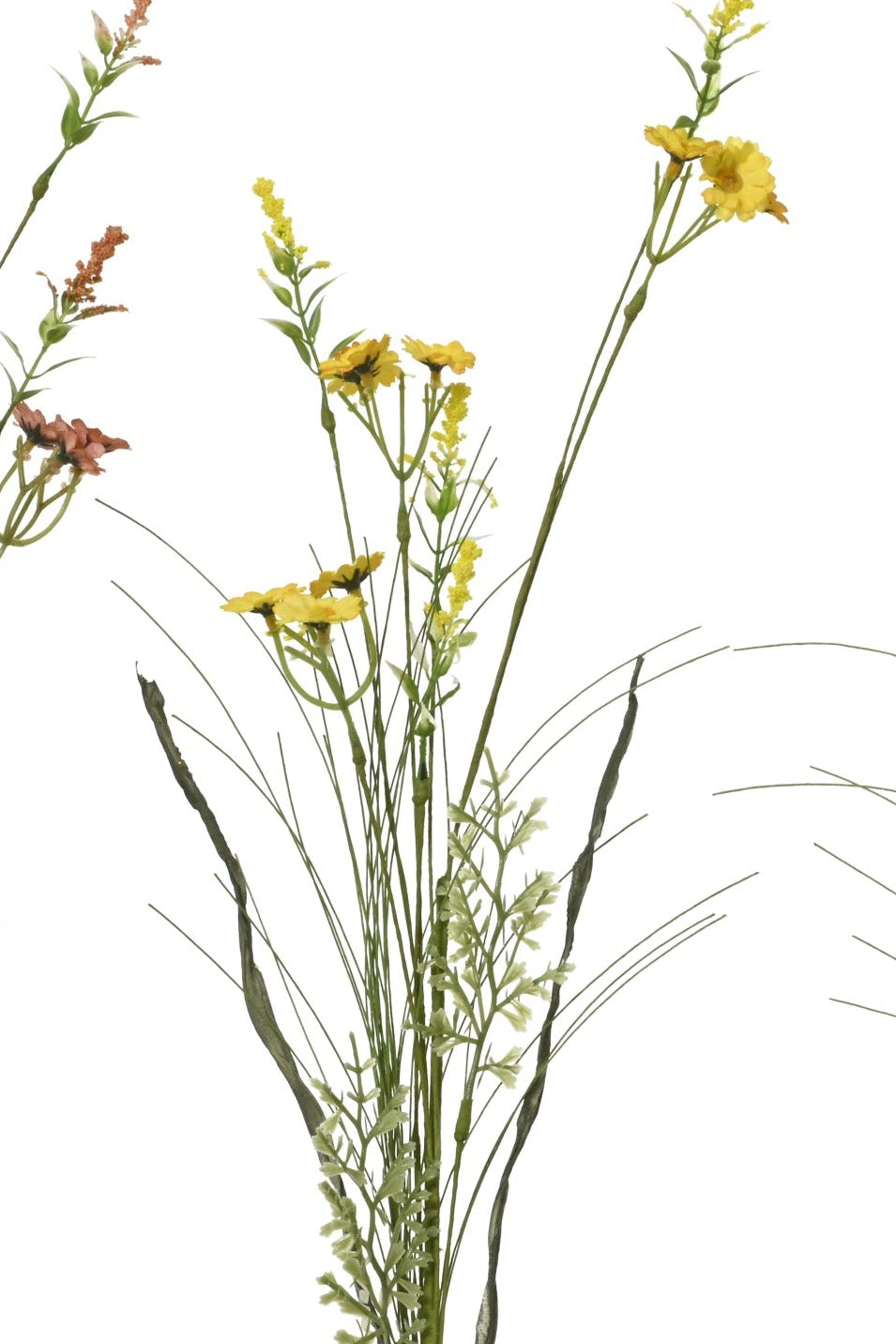 Three artificial flower stems with green leaves and small flowers on a white background
