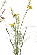 Three artificial flower stems with green leaves and small flowers on a white background