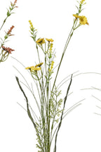 Three artificial flower stems with green leaves and small flowers on a white background