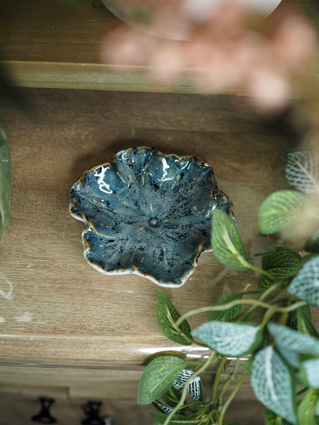 Blue reactive stoneware hellebore trinket dish