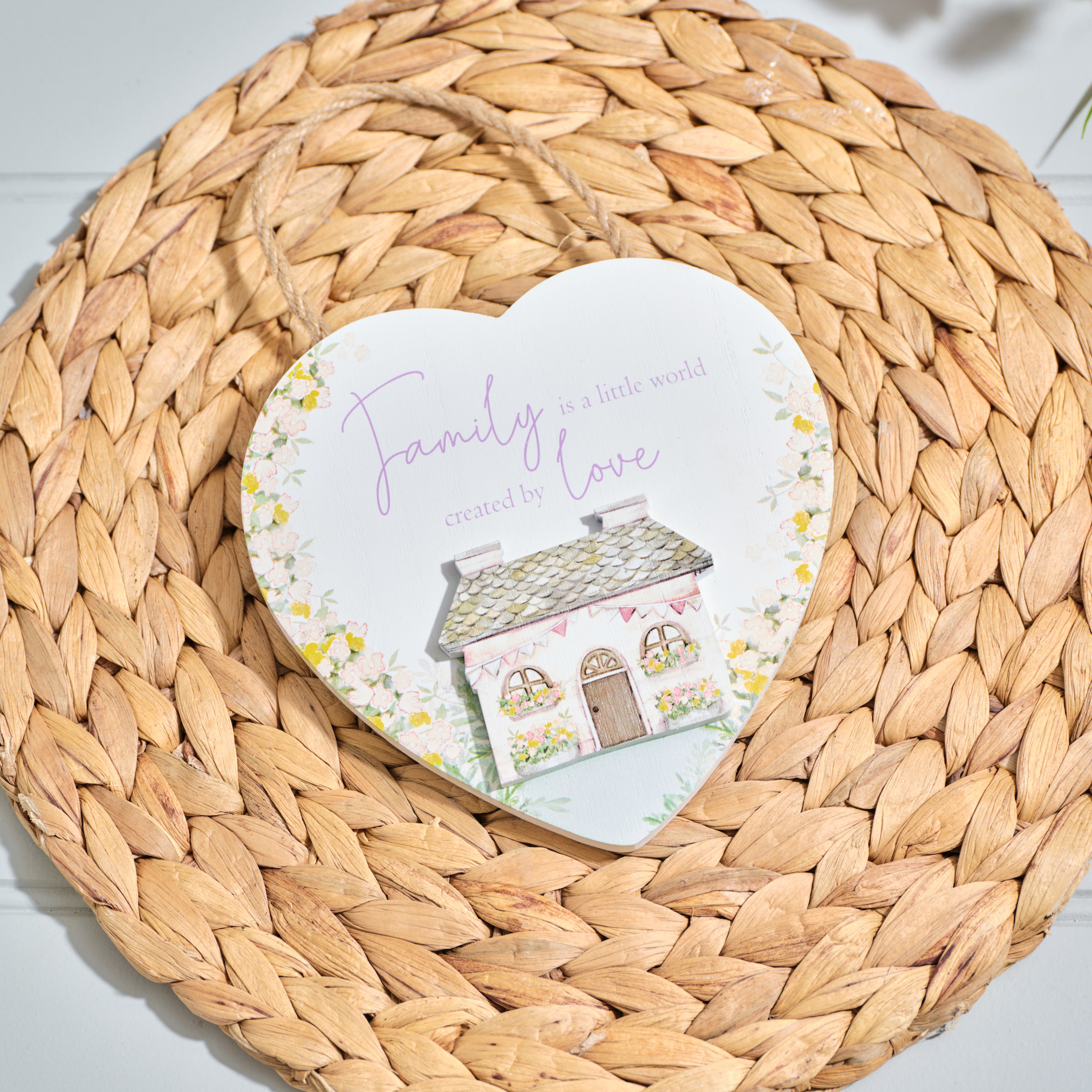 Cottage garden family wooden heart hanger
