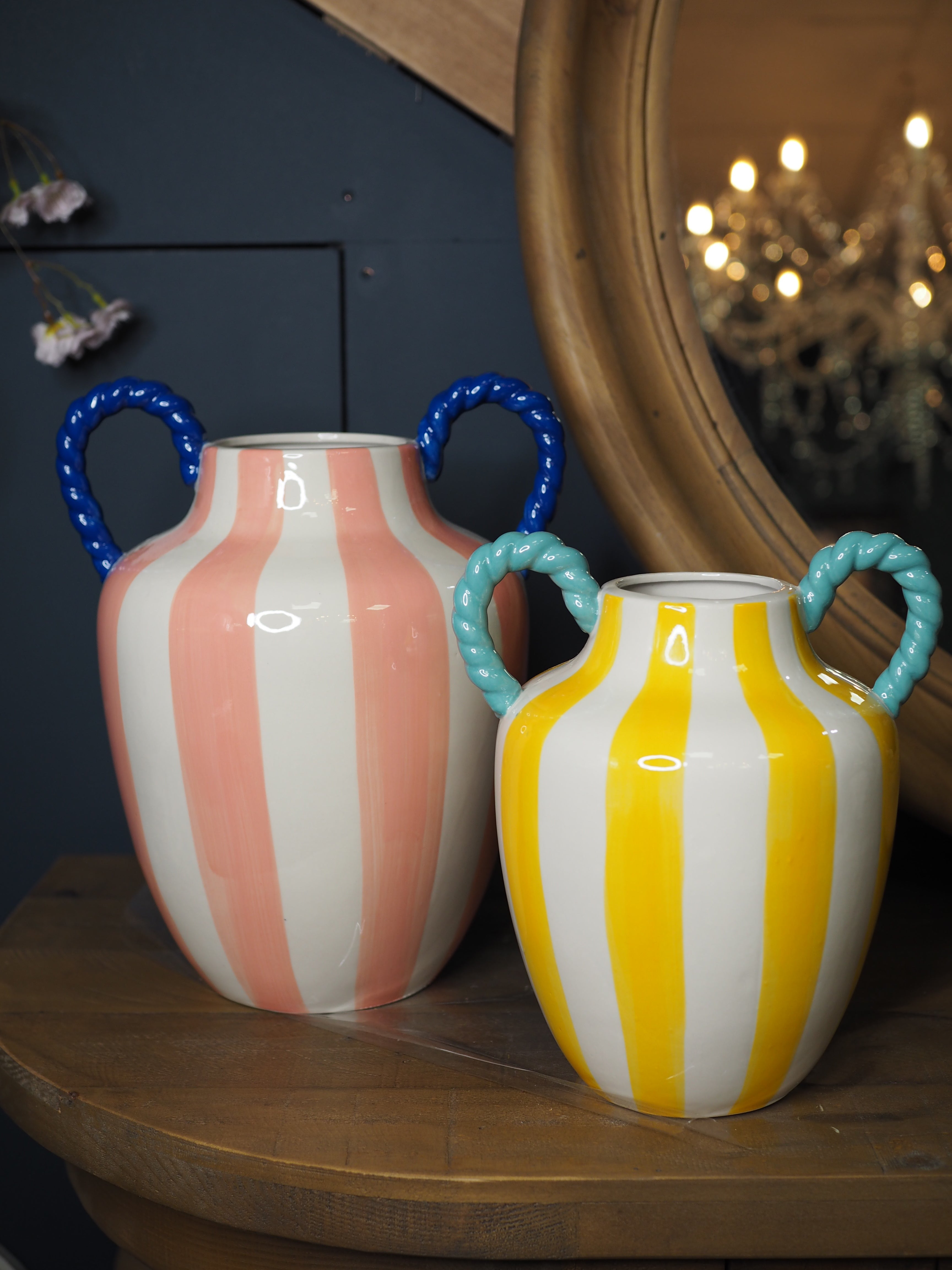 Pink & white stripe glossy vase with blue rope handle