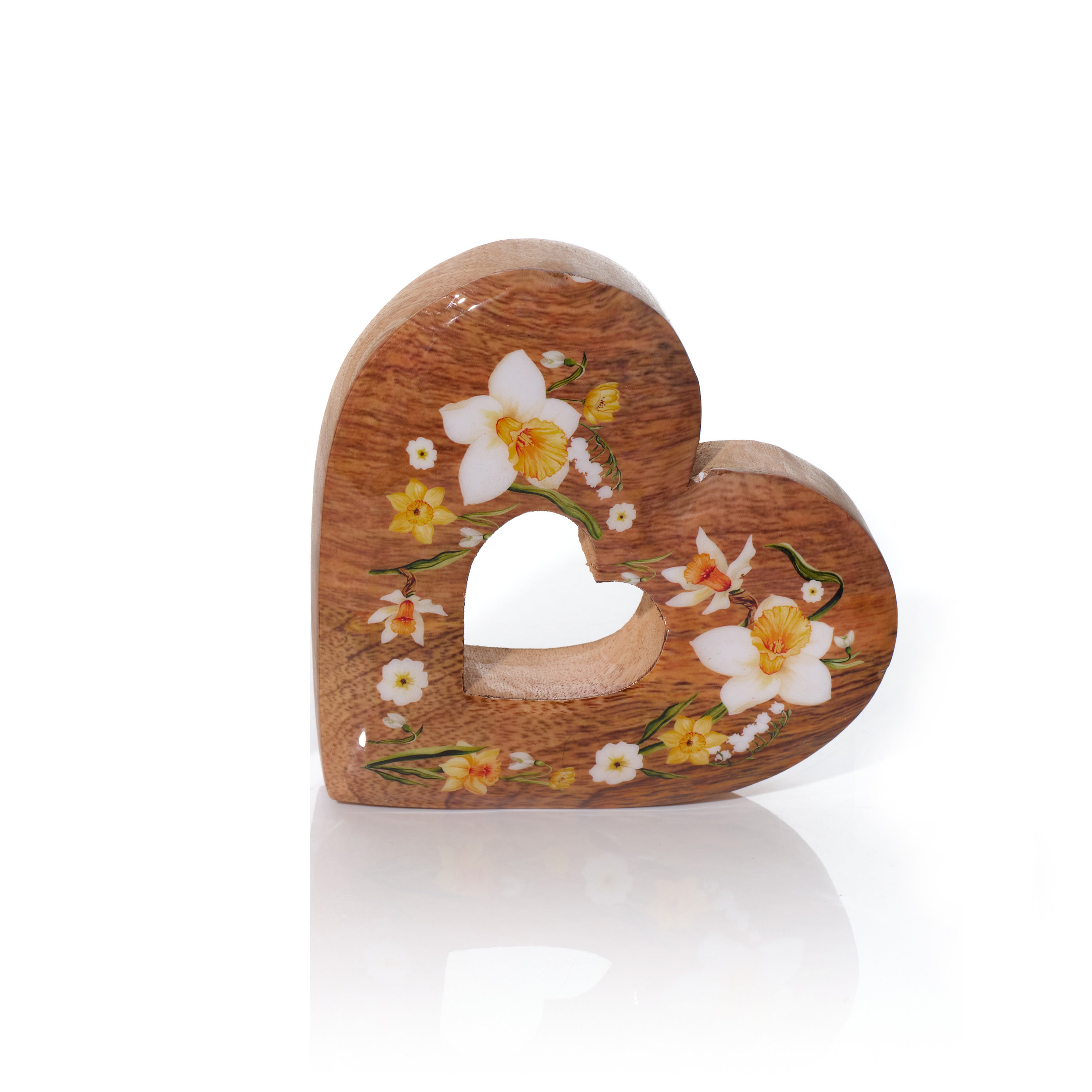 Mango wood heart block with daffodil design