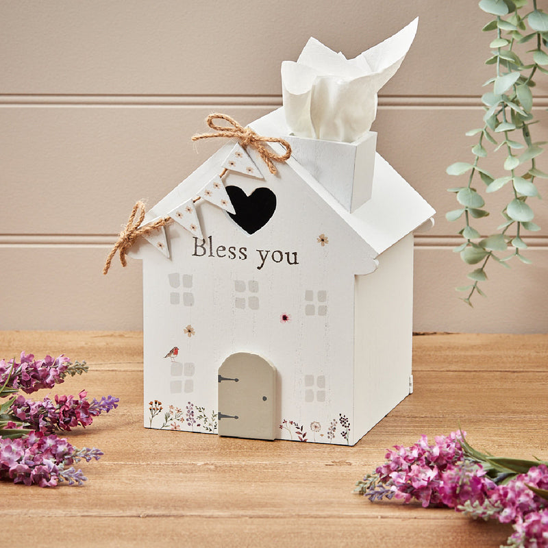 House shaped tissue box holder with robin bunting