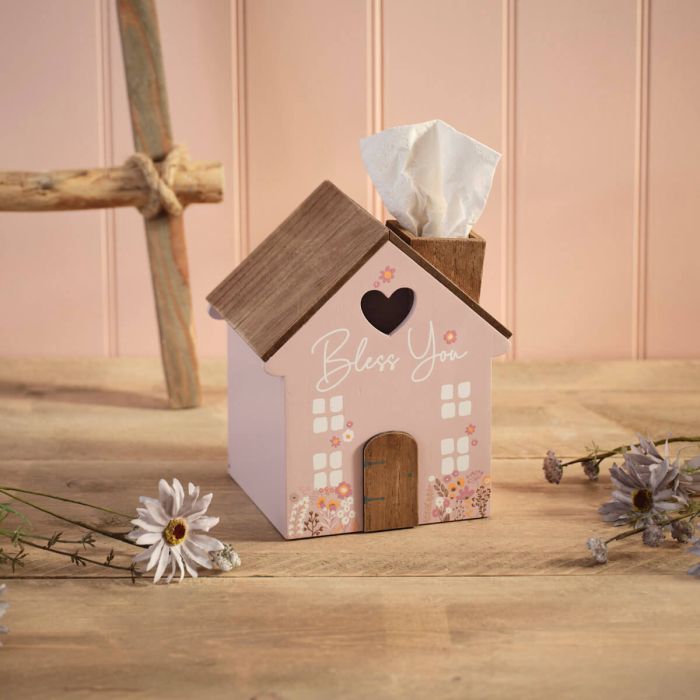 Ditsy floral wood 'Bless you' tissue house box