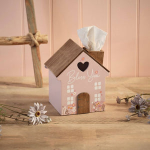 Ditsy floral wood 'Bless you' tissue house box