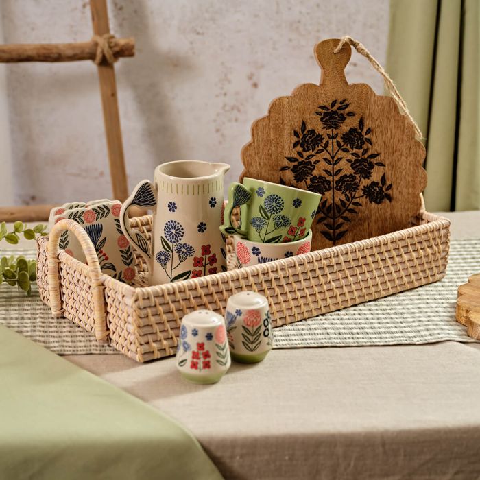 Rattan rectangular tray with handles