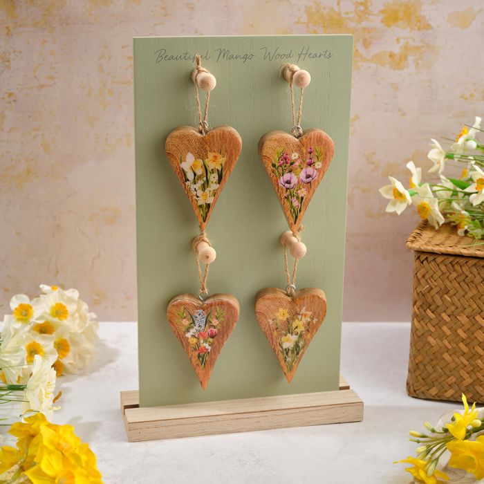 Floral serenade mango wood heart hanging decorations