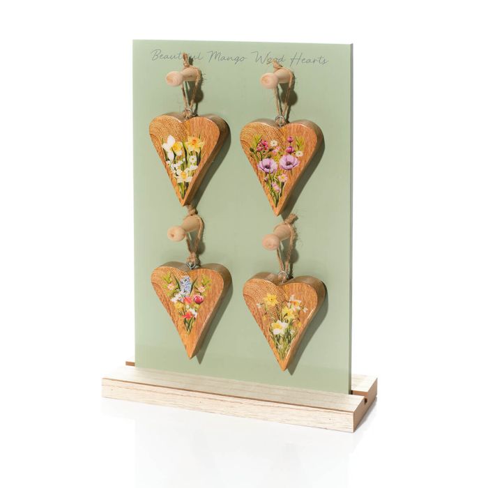 Floral serenade mango wood heart hanging decorations