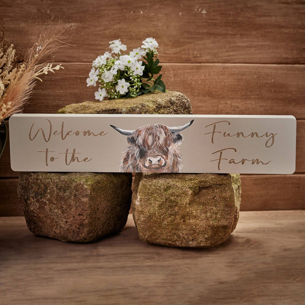 Dougal Highland Cow Plaque Grey Wood Funny Farm