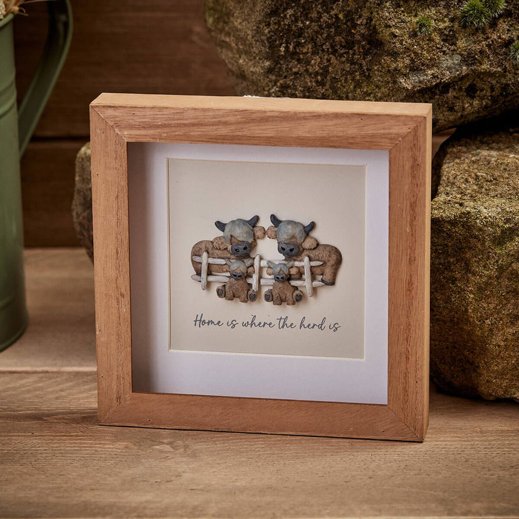 Dougal highland cow herd wood framed resin pebble picture