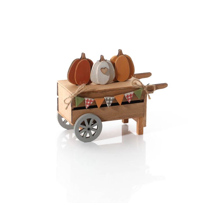 Wooden pumpkin cart ornament with pumpkins and bunting