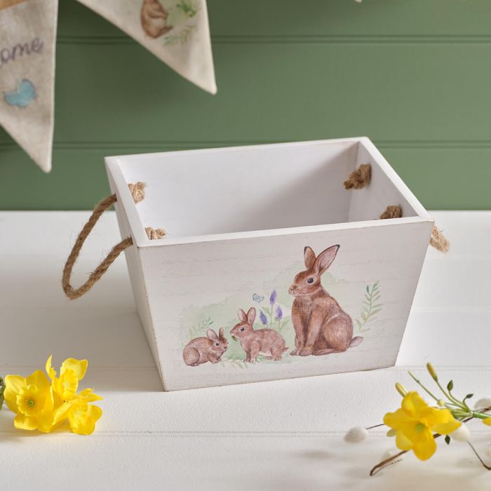 Bunny wooden crate with rope handles