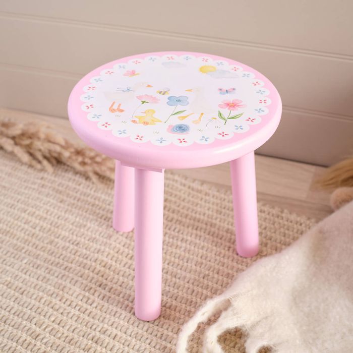 Mini farm pink goose and flowers round stool