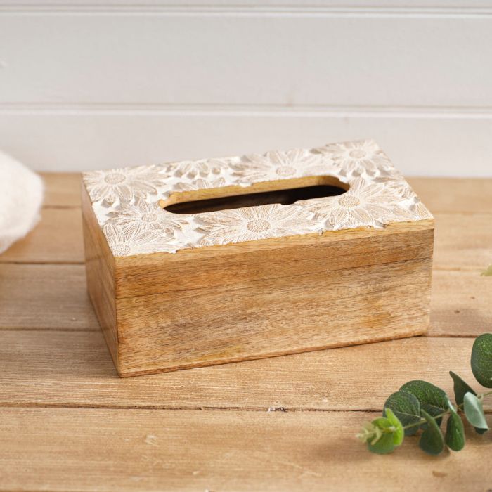 Antique White Mango Wood Embossed Flower Design Tissue Box