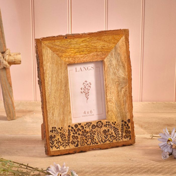 Mango Wood Engraved Flower Detail Small Photo Frame with Bark Edge
