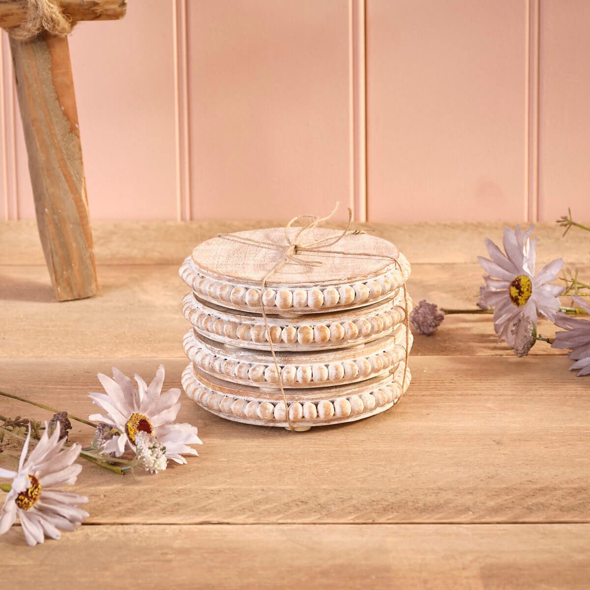 Mango Wood Set Of 4 Round Beaded Coaster