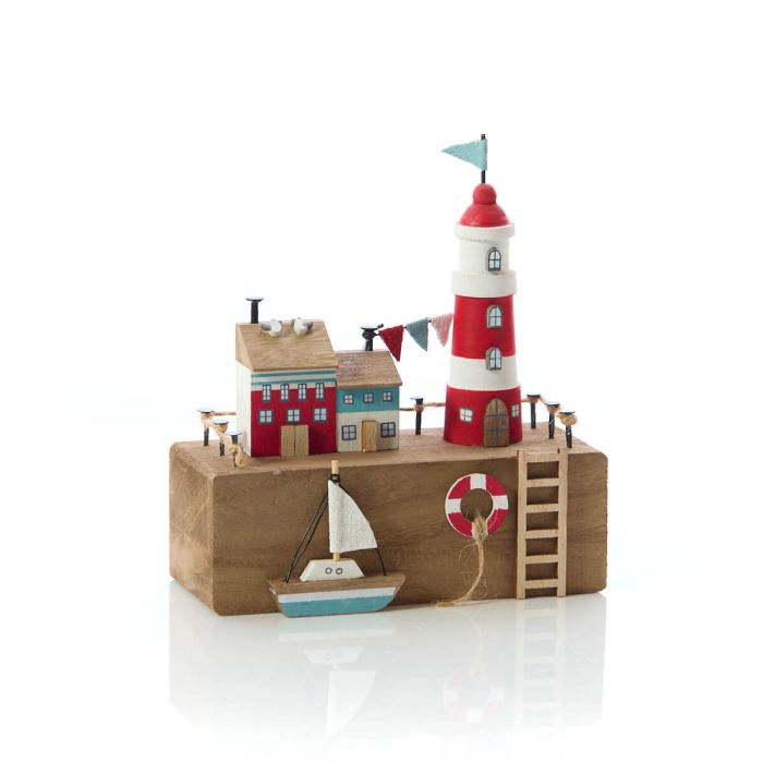 Nautical wooden harbour with lighthouse and boat