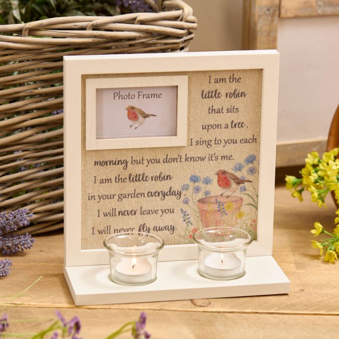 Robin floral sentiment photo frame with double tealight holder