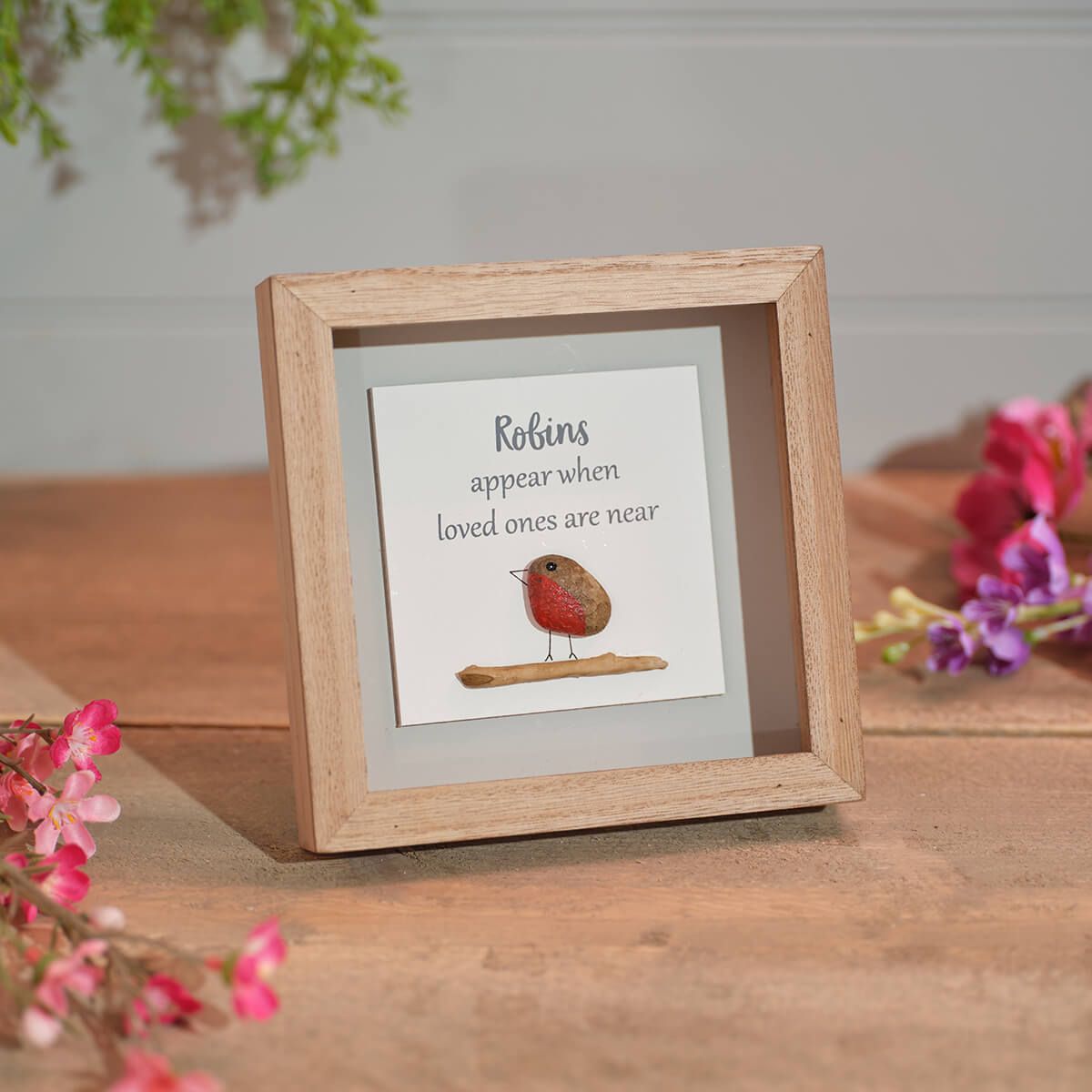 'Robins appear when loved ones are near' wooden framed plaque