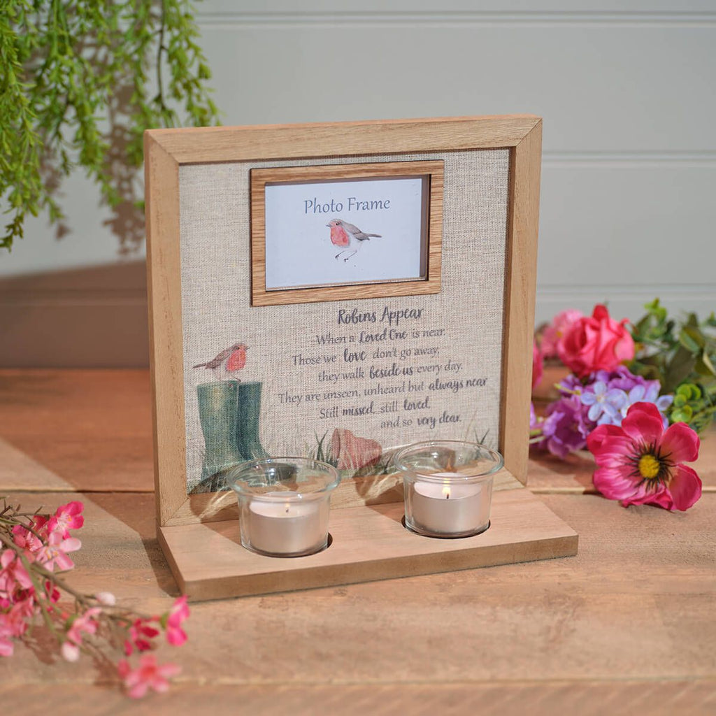 Robins appear when loved ones are near wooden photo frame with tealight holder