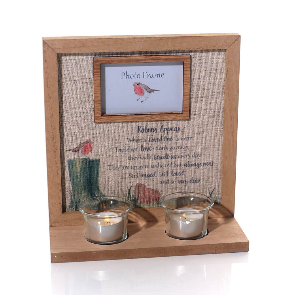 Robins appear when loved ones are near wooden photo frame with tealight holder
