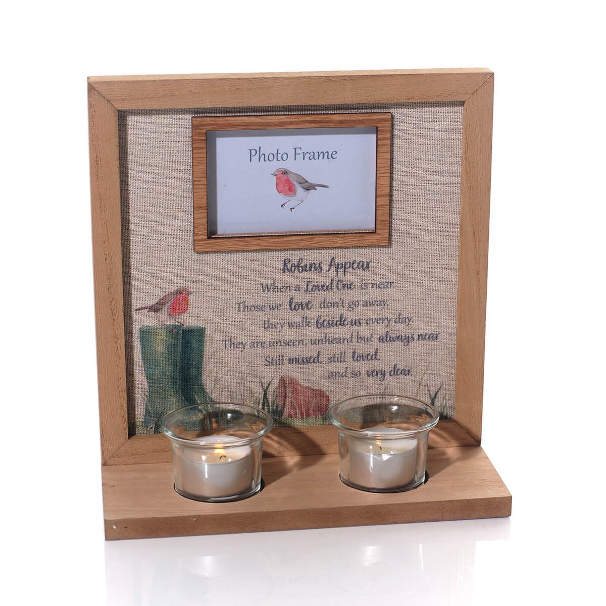 Robins appear when loved ones are near wooden photo frame with tealight holder