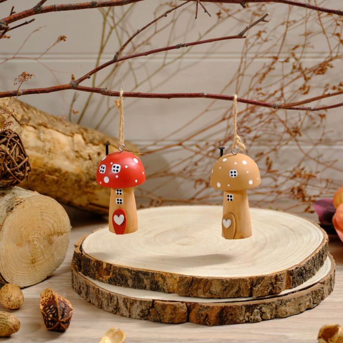 Wooden toadstool house hanging decs