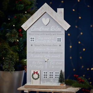 Christmas rules house plaque with snowy tree