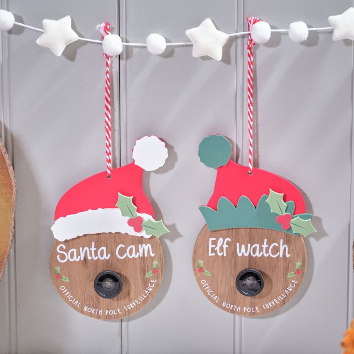 Wooden elf and Santa cam hanging decs