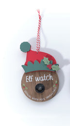 Wooden elf and Santa cam hanging decs