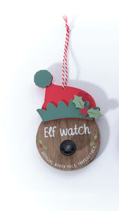 Wooden elf and Santa cam hanging decs