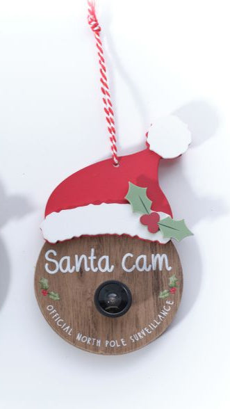 Wooden elf and Santa cam hanging decs
