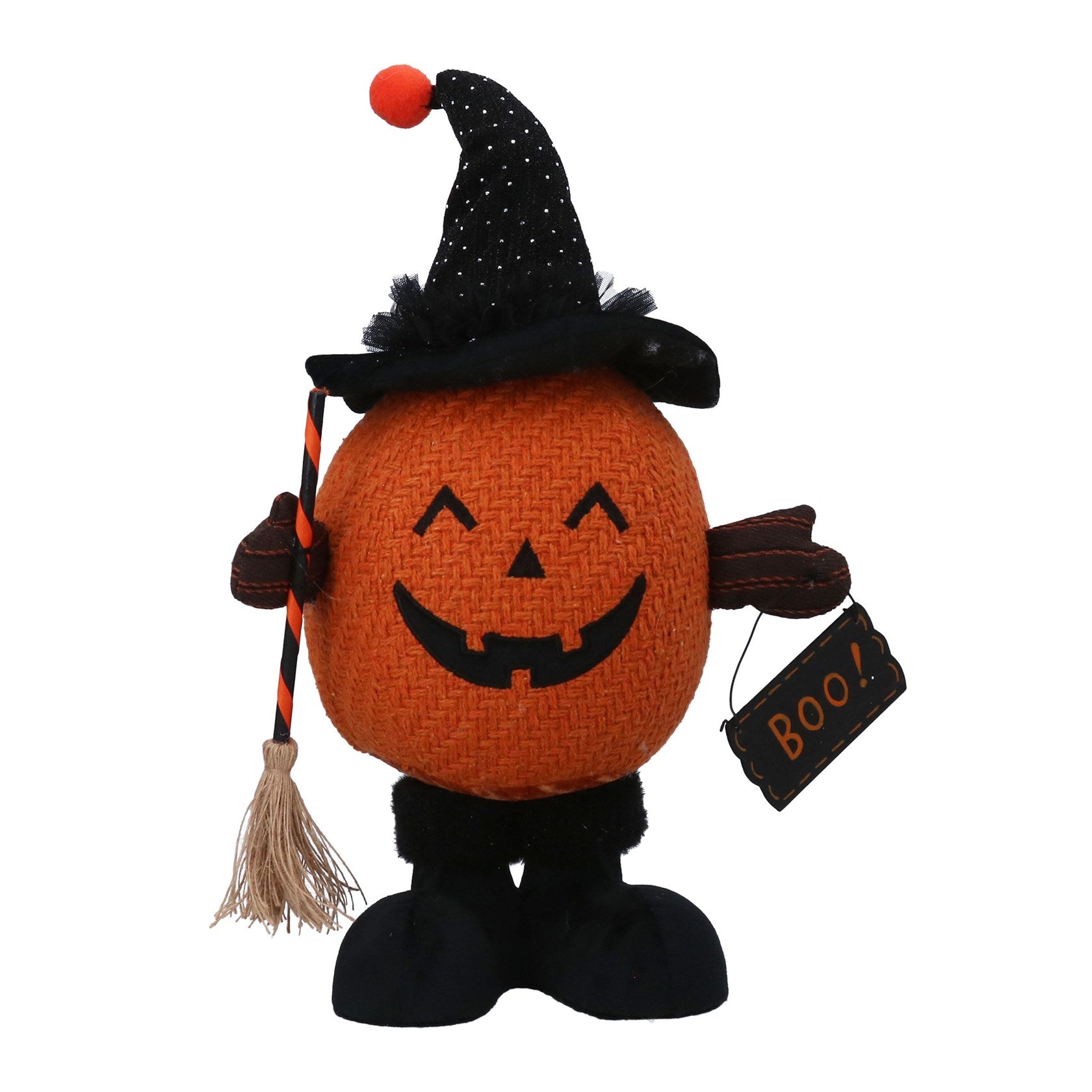 Pumpkin witch with broom and 'boo' sign