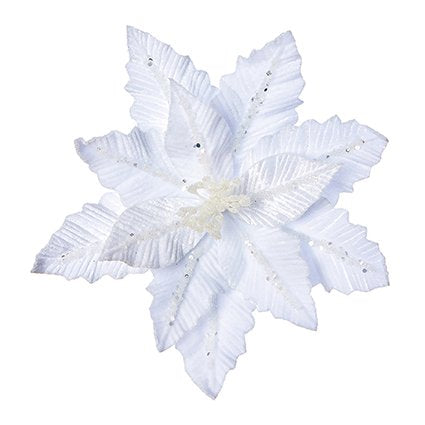 31cm white velvet poinsettia with glitter clip on