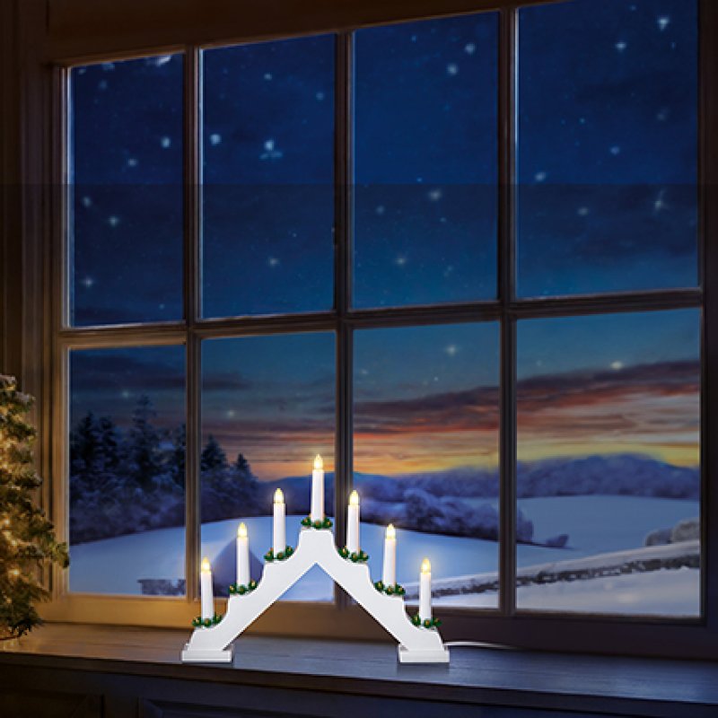 39cm Wooden White Candle Bridge with 7 LED's