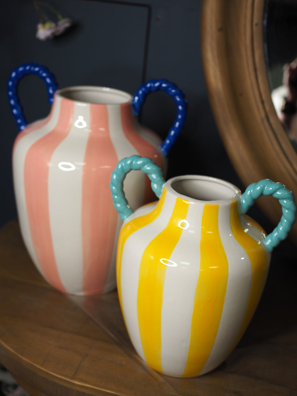 Pink & white stripe glossy vase with blue rope handle